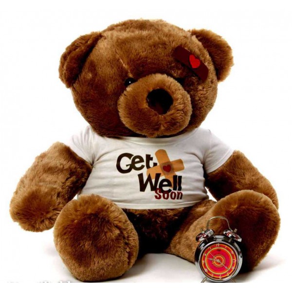 2 feet big brown teddy bear wearing a Get Well Soon T-shirt